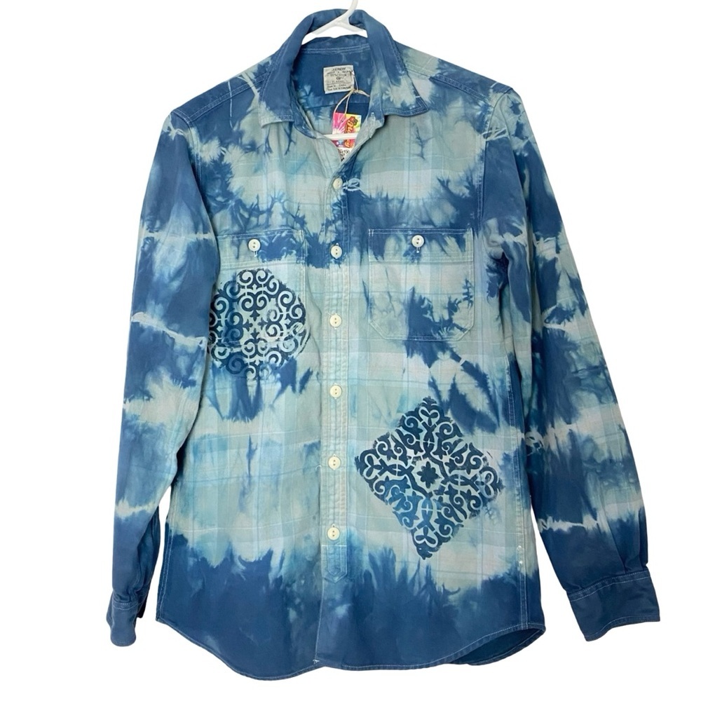 Upcycled Tie Dye Flannel Shirt Mens Size XS Plaid Button Down Handmade Blue Top